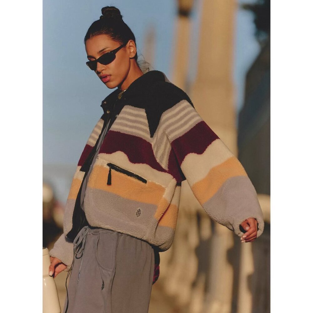 Free People Movement Hit The Slopes Printed Fleece Jacket Papaya Stripe Small - Picture 10 of 13